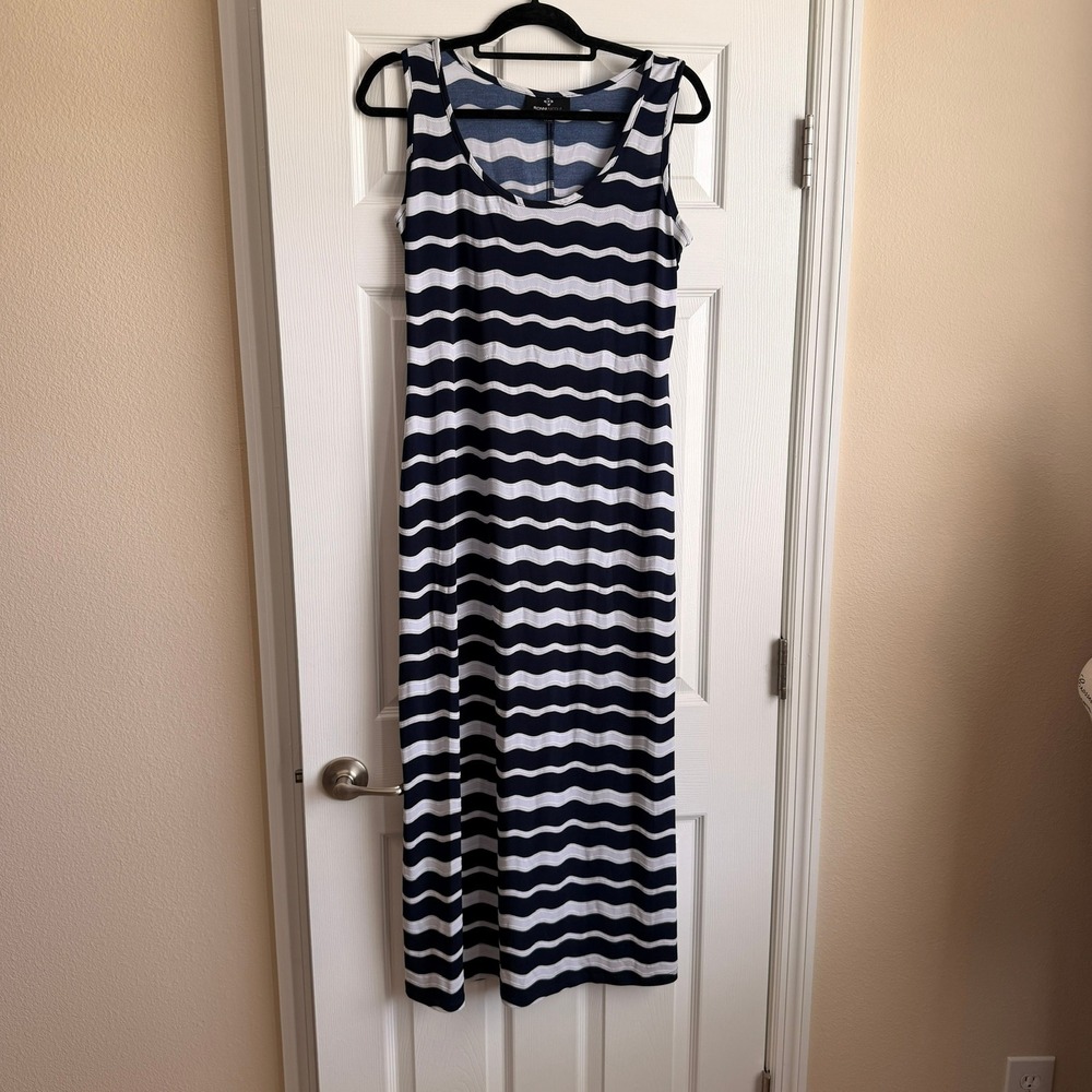 Ronni Nicole Navy White Wavy Stripe Sleeveless‎ Maxi Dress Side Slit Medium